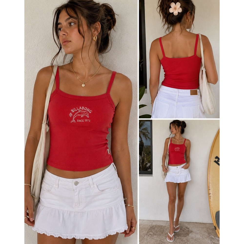 Billabong Red Ribbed Dolphin Graphic Tank Top Size M Small Fit 1973 Retro Surf